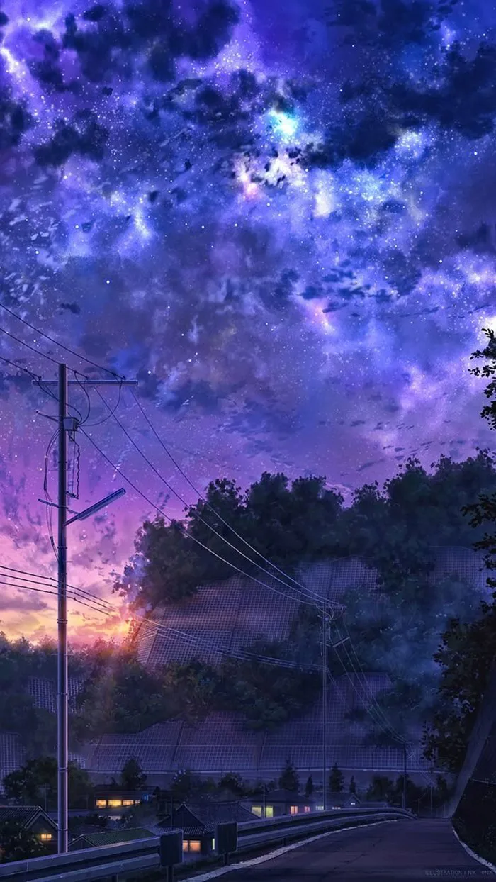 Phong cảnh anime với bầu trời đây sắc màu