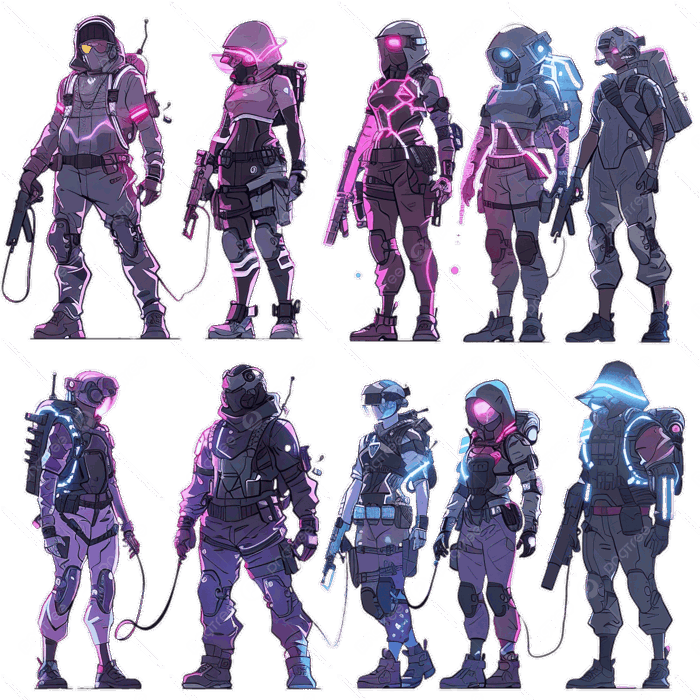 Hình ảnh Bảng Nhân Vật Phong Cách Anime Cyberpunk Furistic Lính đánh Thuê  Cô Gái Con Trai Neon đen Neon Trắng Phẳng Màu Sáng Bóng PNG , đèn Neon,  Cyberpunk, Khung PNG