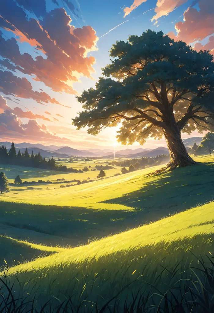 Hoàng hôn Anime trên Thung lũng Xanh tươi với Cây Hùng vĩ | 2912x4256 |  Wallpaper Alchemy