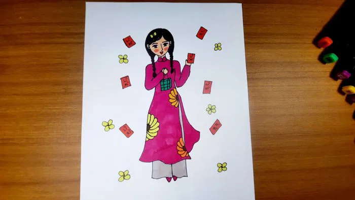 VẼ TRANH NGÀY TẾT, CÔ GÁI MẶC ÁO DÀI ĐÓN TẾT, TRANH TẾT MỚI NHẤT II Ong mật  mỹ thuật