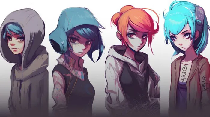 Tải miễn phí Bốn Nhân Vật Cô Gái Mặc áo Hoodie Và áo Khoác Anime Nền | JPG  chuyên nghiệp - Pikbest