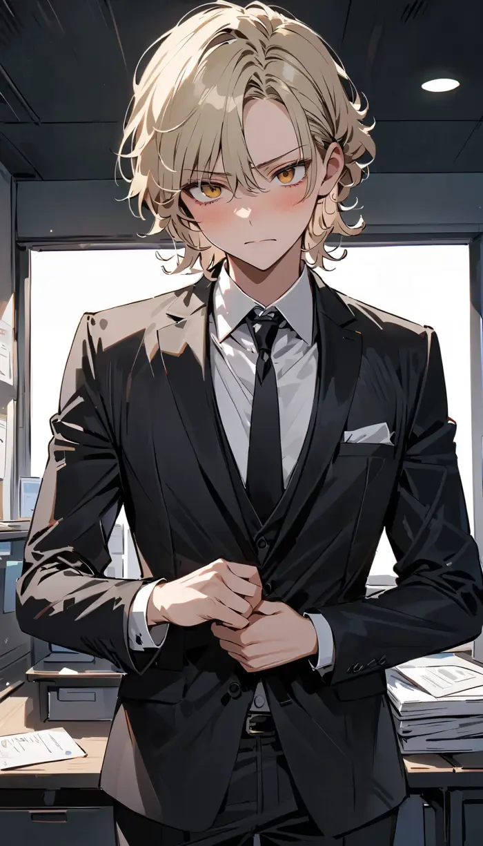 Hình ảnh theo phong cách anime của một người đàn ông mặc vest và cà vạt  đang đứng trong văn phòng - SeaArt AI