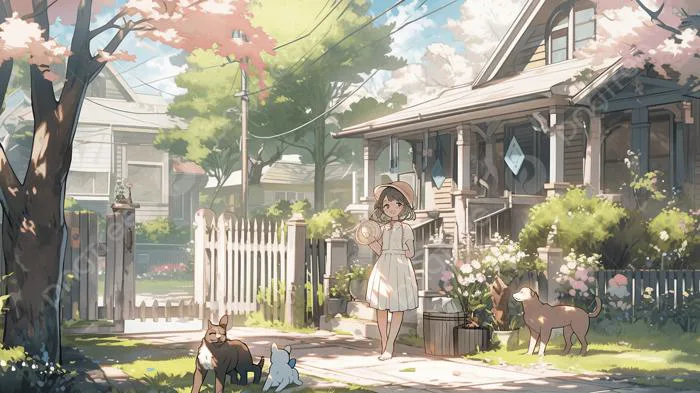 Hình nền Nền Một Cô Gái Anime đứng Trước Một Ngôi Nhà Với Nhiều Loài động  Vật Khác Nhau Trên Lối đi, Hình ảnh Mùa Xuân Mầm Non Background Vector để  tải