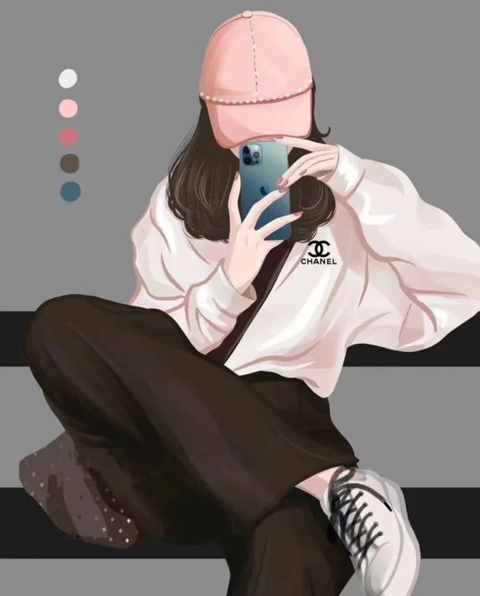 Xem hình ảnh anime nữ cute với trang phục chanel và chiếc iphone chụp ảnh tự