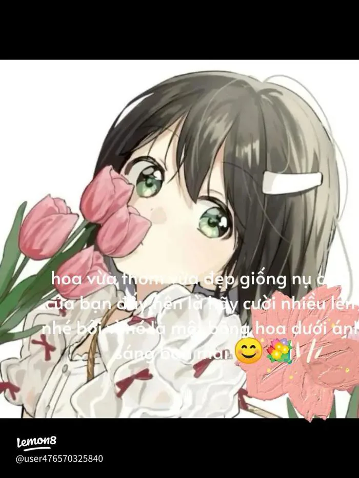 Ảnh hoa tulip anime và cô gái cười dễ thương như hoa