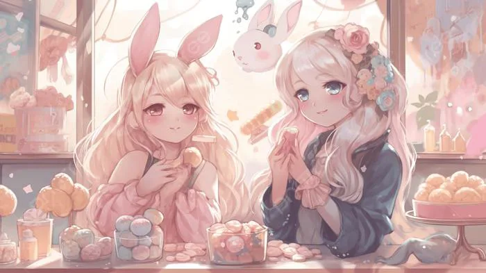 Hình nền Nền Hai Cô Gái Anime đang ăn Thỏ, Hình ảnh Dễ Thương Pastel, Dễ  Thương, Màu Phấn Background Vector để tải xuống miễn phí - Pngtree