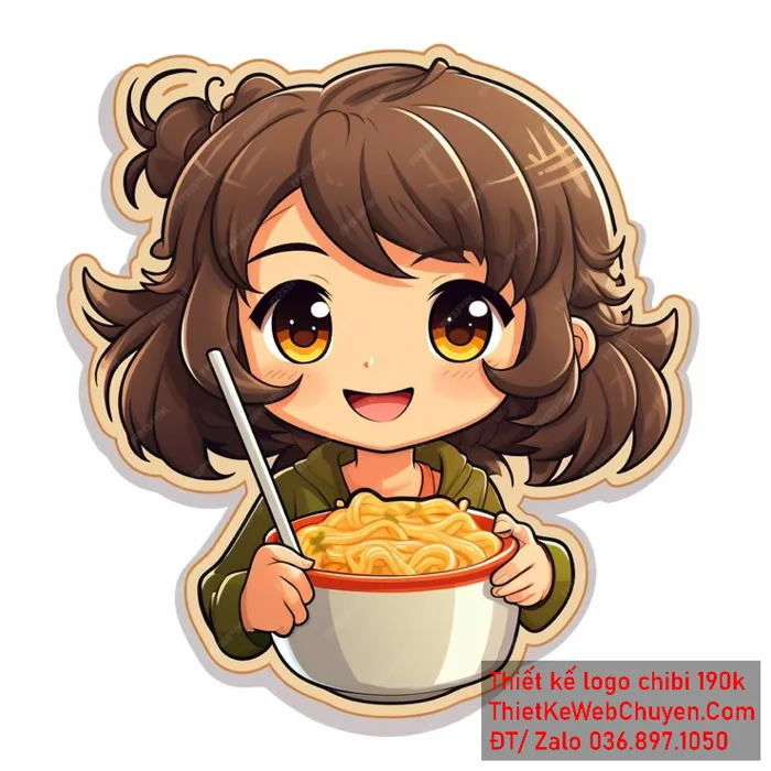 Vẽ chibi ăn vặt bé gái với áo xanh tóc nâu đang ăn mì và biểu cảm vui vẻ để  thiết kế logo 300K