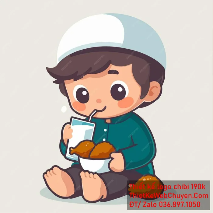 vẽ chibi trà sữa bé trai ngồi ăn bánh và uống trà sữa để thiết kế logo 300k