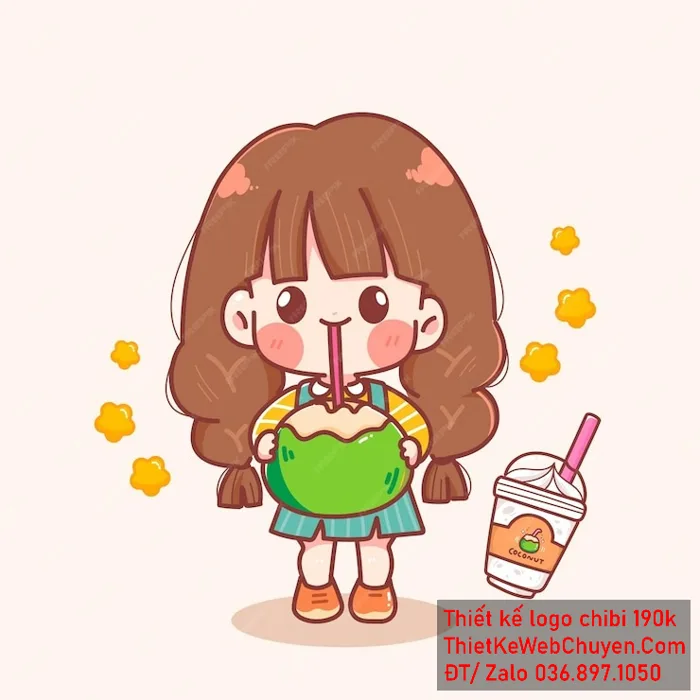 Vẽ chibi ăn vặt bé gái với áo sọc vàng và trắng tóc nâu sẫm hành