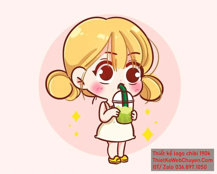 Vẽ chibi ăn vặt bé gái với áo trắng tóc vàng đang uống nước và biểu
