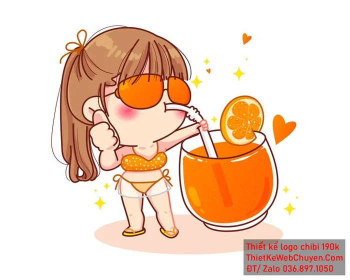 Vẽ chibi ăn vặt bé gái với bộ bikini màu cam tóc nâu hành động uống nước  cam và biểu cảm vui vẻ để thiết kế logo