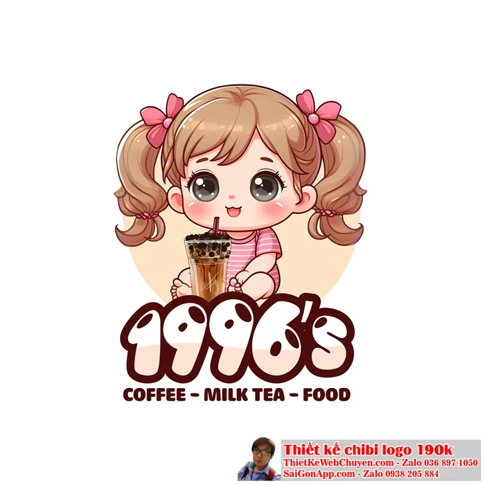 Vẽ chibi cô bé dễ thương ăn vặt cà phê trà sữa đồ ăn để thiết kế logo