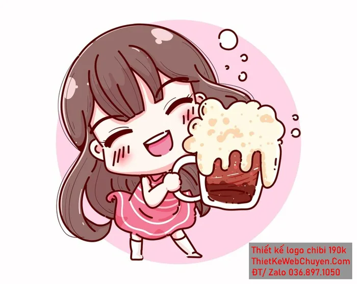 Vẽ chibi ăn vặt bé gái với váy hồng tóc nâu hành động cầm ly đồ uống và  biểu cảm vui vẻ để thiết kế logo