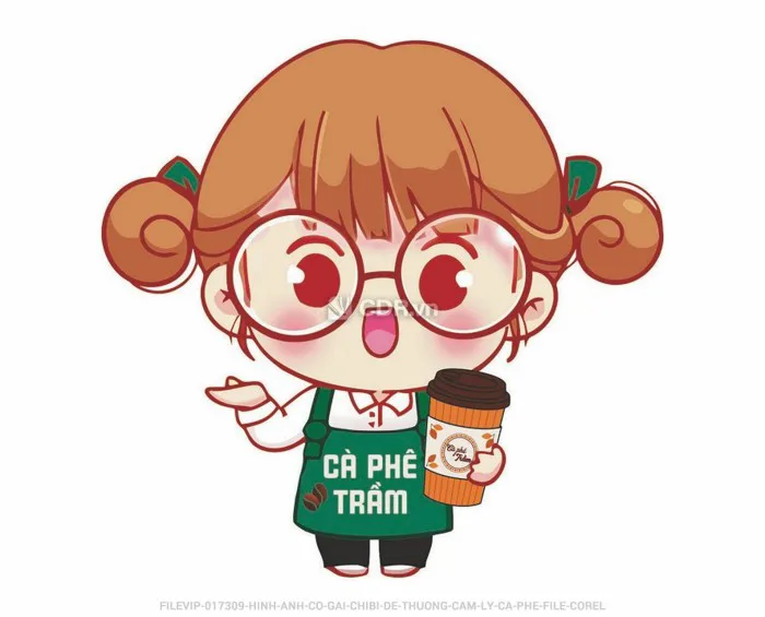 Hình ảnh cô gái chibi dễ thương cầm ly cà phê. File corel (v64232525) -  Vector6 All New - Super AI Design