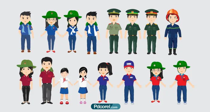 vector ảnh chibi đoàn thanh niên, chibi học sinh đeo khăn quàng, chibi chú công  an - Pdcorel.com