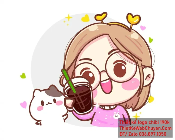 Vẽ chibi trà sữa bé gái tóc nâu áo hồng đeo kính cầm cốc trà sữa trên tay  để thiết kế logo