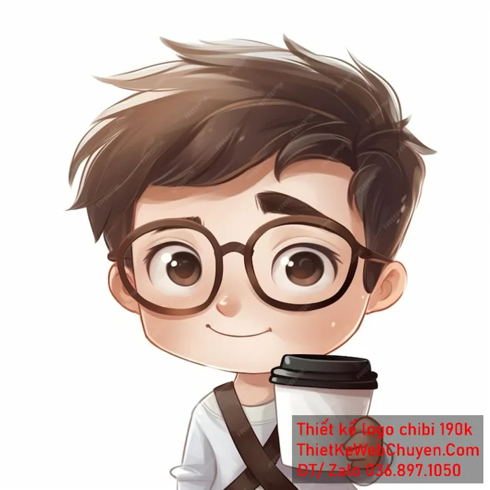 vẽ chibi trà sữa bé trai đeo kính cầm cốc trà sữa để thiết kế logo 300k