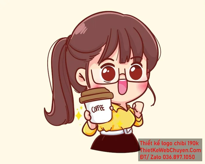 Vẽ chibi trà sữa bé gái nâu vàng đeo kính cận cầm cà phê để thiết