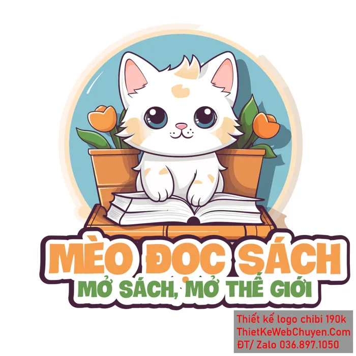 Vẽ chibi chú mèo trắng đáng yêu đang đọc sách để thiết kế logo 300k