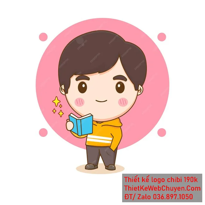 vẽ chibi trà sữa bé trai áo vàng đọc sách để thiết kế logo 300k