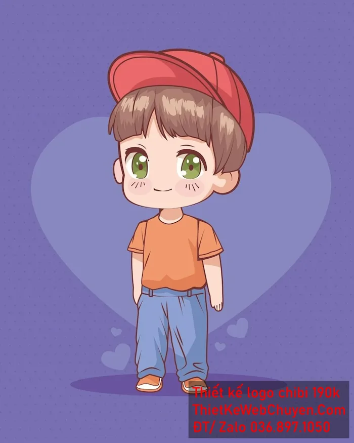 chibi bé trai áo cam, tóc nâu, đội mũ đỏ, đứng thẳng