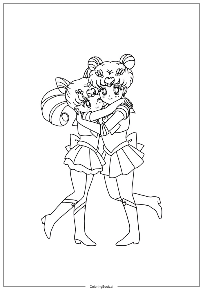 Trang Tô Màu Sailor Moon và Chibi Moon ôm nhau (Có thể In Miễn Phí dưới  định dạng PDF & PNG)