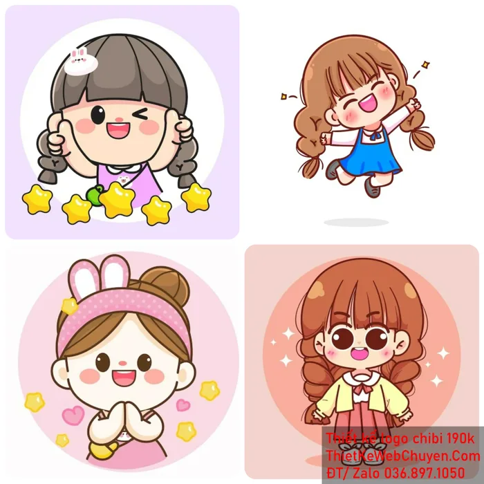 LOGO CHIBI BÉ GÁI ( NỮ) làm 190K, cute tóc ngắn dài hoạt hình dễ thương