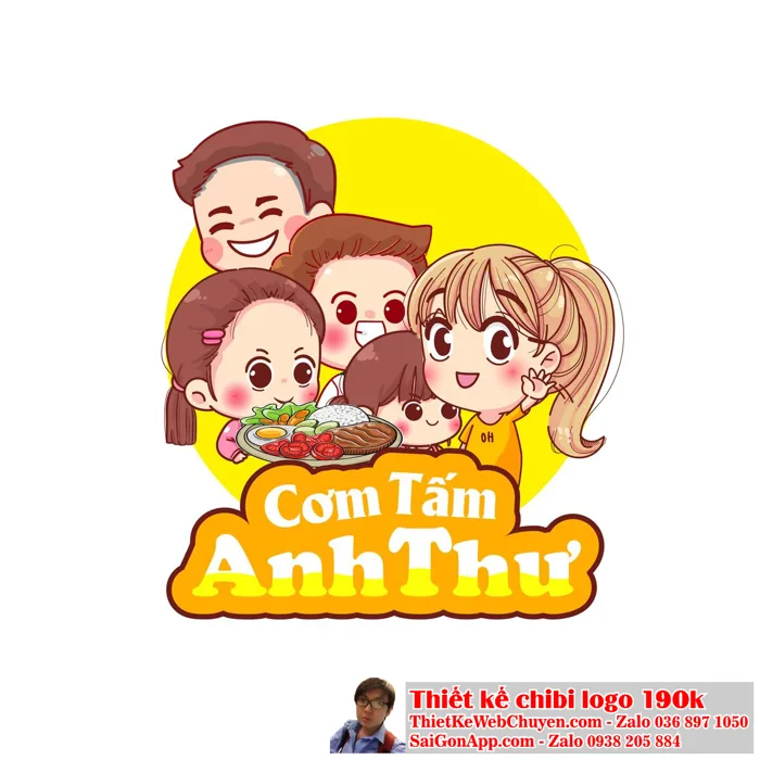 Vẽ chibi gia đình 5 người bên mâm cơm để thiết kế logo