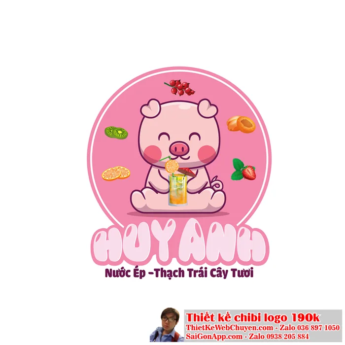 Vẽ chibi con heo bán nước ép trái cây tươi thiết kế logo