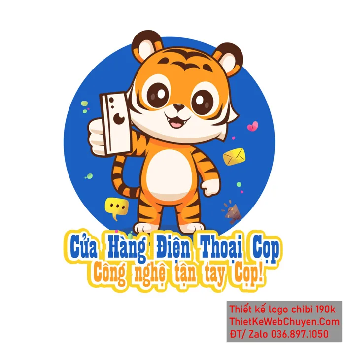 Vẽ chibi chú hổ đáng yêu đang cầm điện thoại cười vui vẻ để thiết kế logo 300k