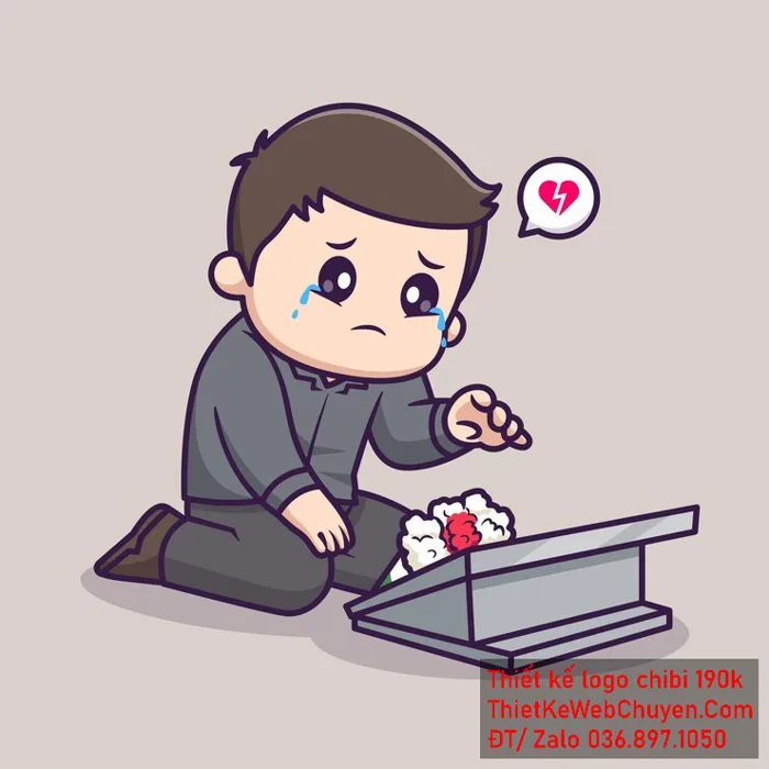chibi bé trai áo xám, tóc đen, hành động quỳ khóc