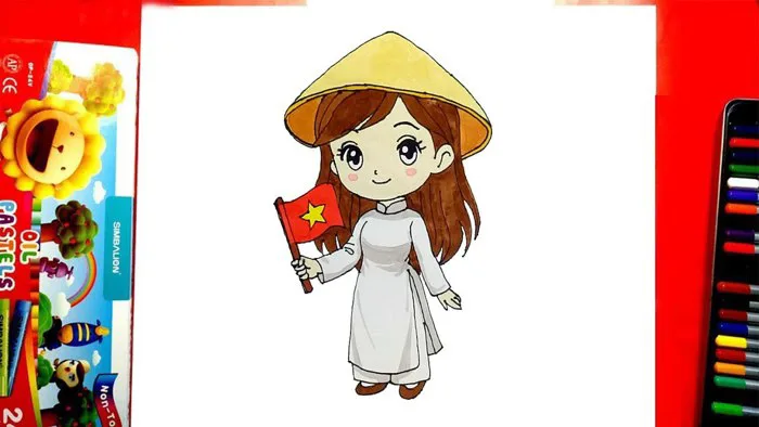 Vẽ cô gái mặc áo dài cầm lá cờ Việt Nam | Vẽ cô gái mặc áo dài đội nón lá  đơn giản