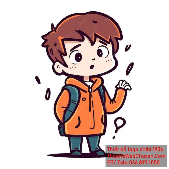 chibi bé trai mặc áo hoodie cam, tóc nâu, vẫy tay