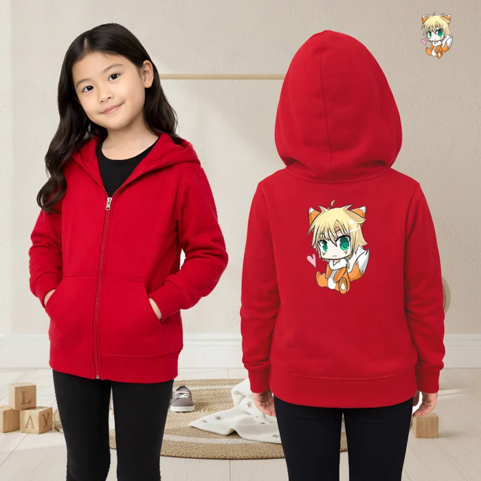 Áo Khoác Nỉ Hoodie Zip Cho Bé Gái In Hình Cáo Chibi Dễ Thương, Có Mũ,