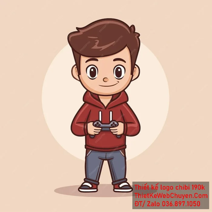 chibi bé trai mặc áo hoodie đỏ, tóc nâu, cầm tay cầm chơi game
