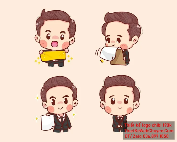 chibi bé trai áo vest đen, tóc nâu, đang cầm tài liệu