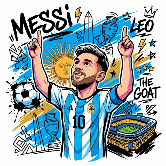 Hình ảnh A high-contrast vector-art illustration of Lionel Messi in a dynamic...