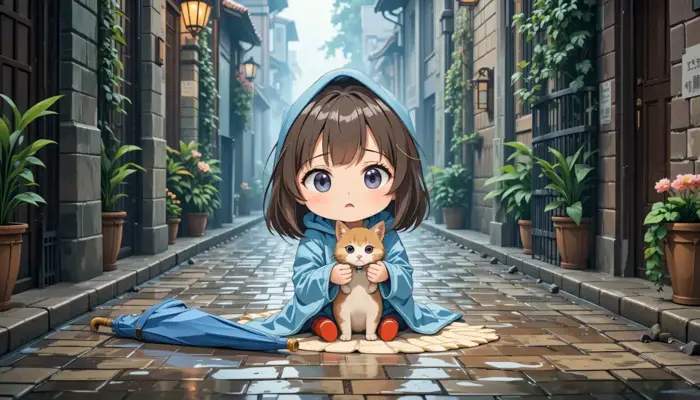 Hình nền Nền Cô Bé Anime Chibi đáng Yêu Mặc áo Mưa Xanh đang Cẩn Thận Che  Chở Cho Chú Mèo Con Nhỏ Trên Con Phố Lát đá ướt ở Châu Âu,