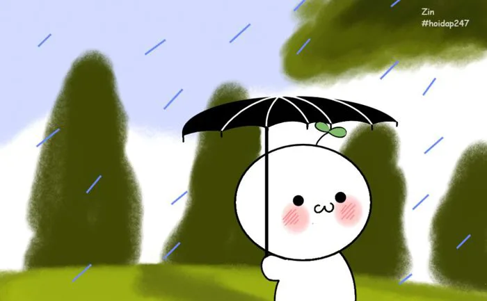 Vẽ chibi / đậu mầm / anime đang che ô dưới trời mưa nhoa NL : chỗ tui đg mưa  to wá tròi ak, chỗ mn cóa mưa hong z........