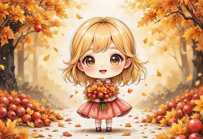 Hình ảnh miễn phí: Hình minh họa theo phong cách anime chibi của một cô bé  cầm một bó hoa trong bối cảnh mùa thu
