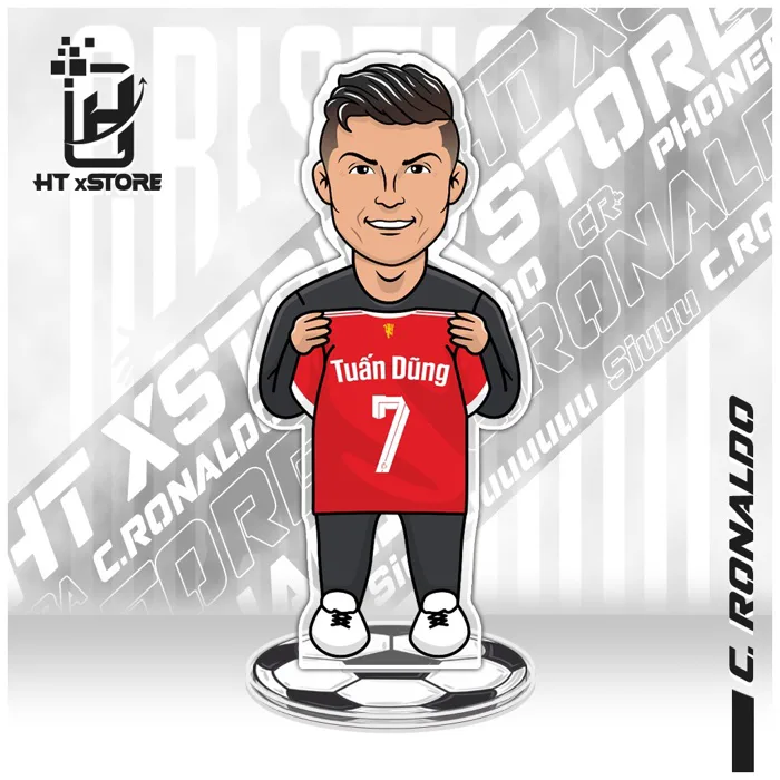 Mô hình standee in hình cầu thủ Cristiano Ronaldo CR7 cầm áo bóng đá in tên và số áo theo yêu cầu khách hàng