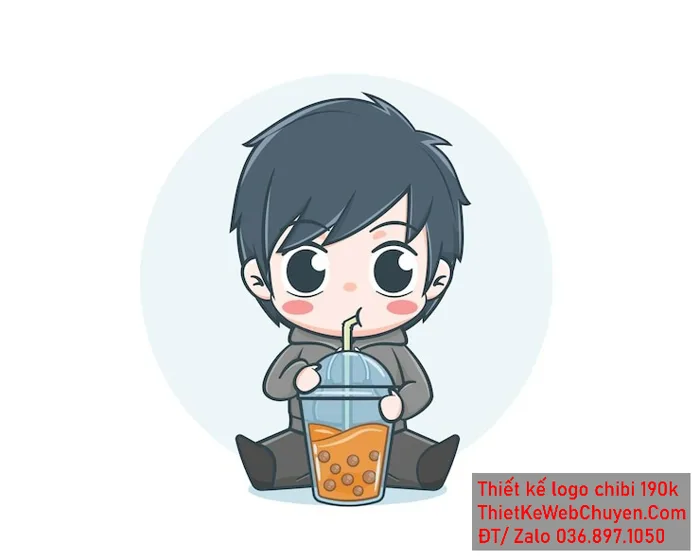 vẽ chibi trà sữa bé trai mặc áo khoác uống trà sữa để thiết kế logo 300k