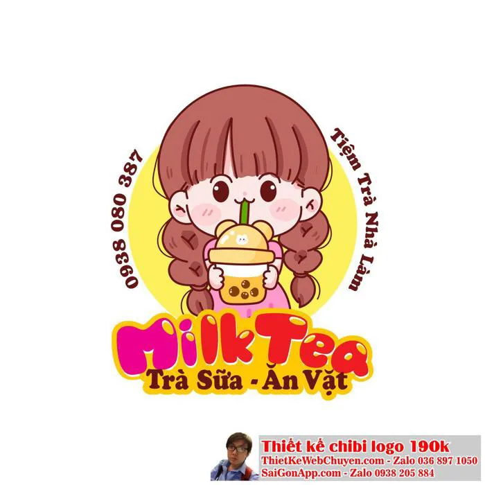 Vẽ chibi cô bé bím tóc dễ thương đang uống trà sữa để thiết kế logo 300k