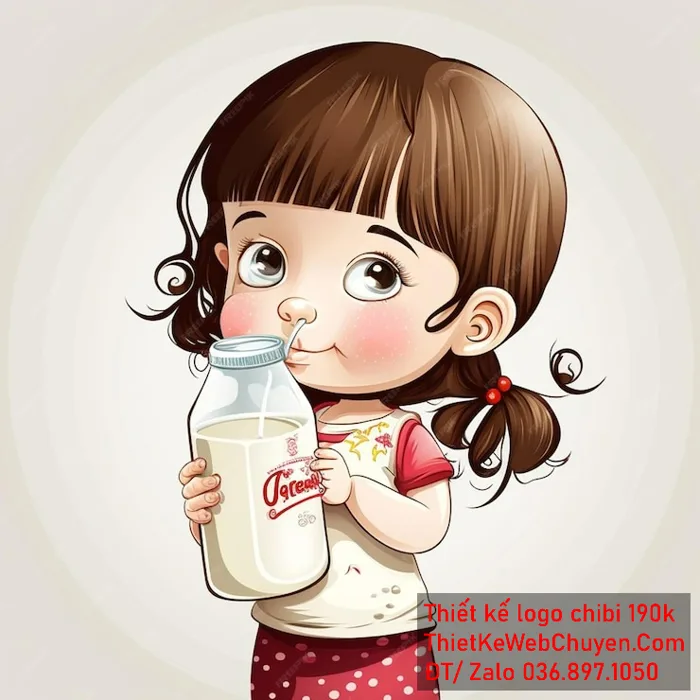 Vẽ chibi trà sữa bé gái tóc nâu uống trà sữa để thiết kế logo 300k