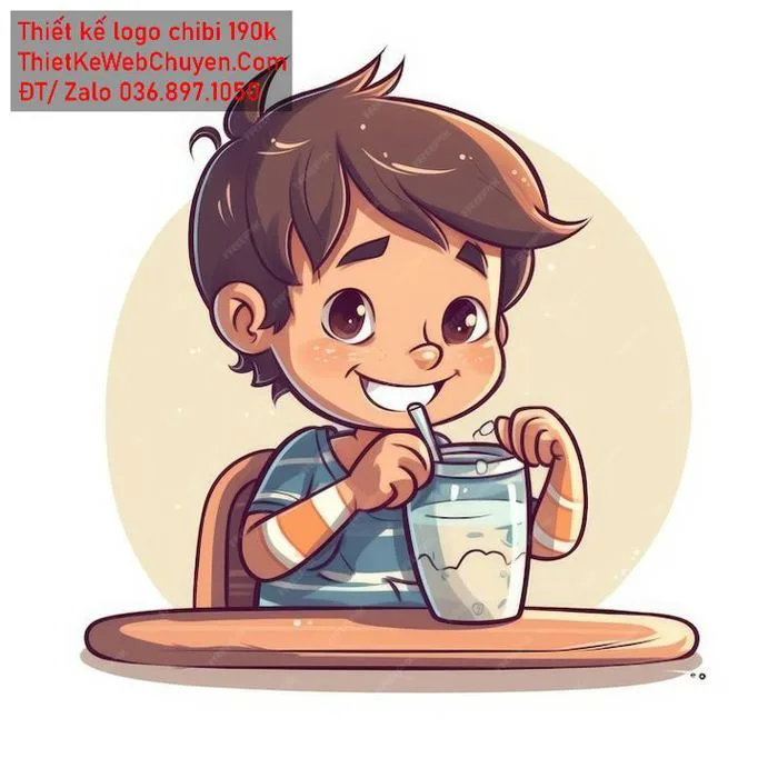 Thiết kế logo chibi bé trai đang ngồi cười tươi và thưởng thức một ly trà  sữa