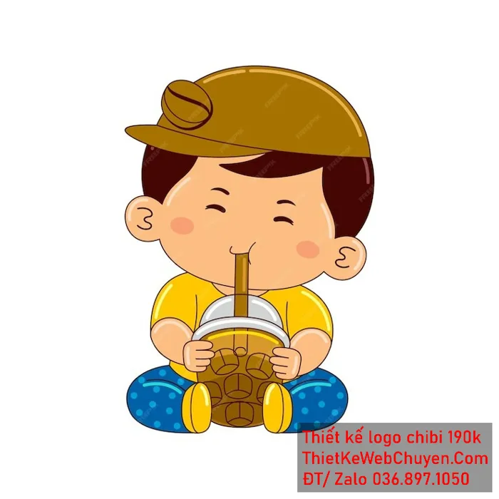 vẽ chibi trà sữa bé trai đội mũ áo vàng ngồi uống trà sữa để thiết kế logo  300k