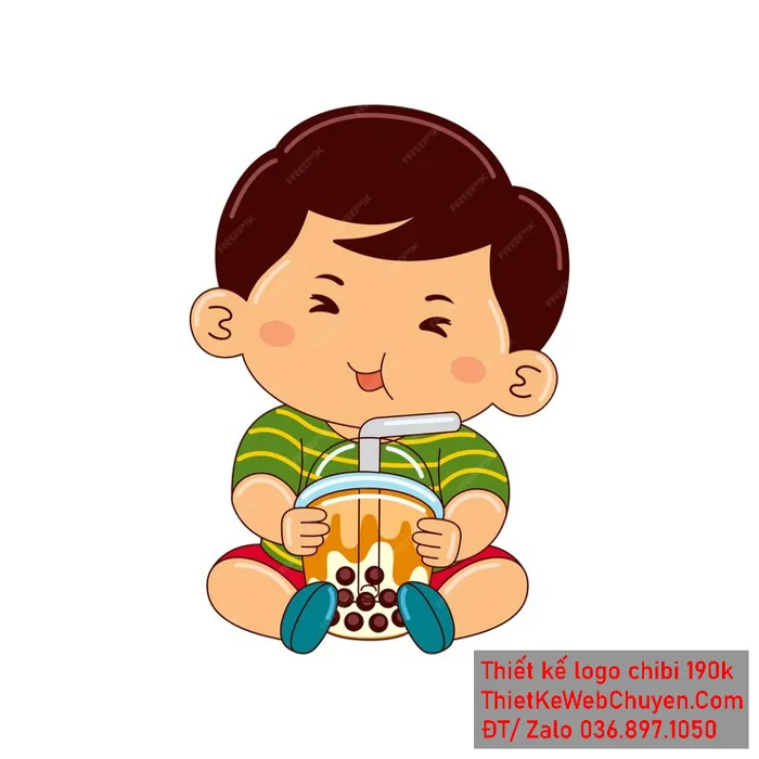 chibi ăn vặt bạn nam áo sọc xanh, tóc nâu, ngồi uống trà sữa