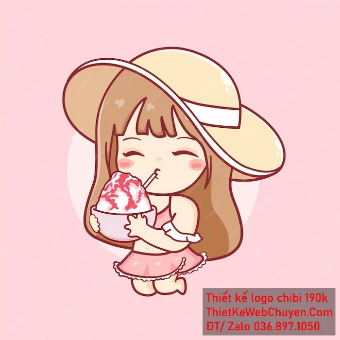 Vẽ chibi trà sữa bé gái tóc nâu váy hồng đội mũ cầm cốc đá bào để thiết kế  logo