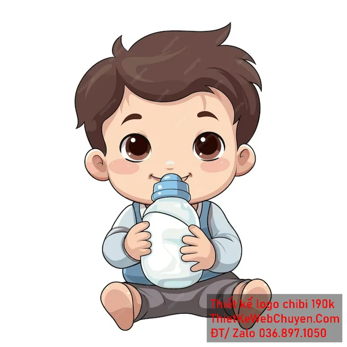 vẽ chibi trà sữa bé trai ngồi uống sữa để thiết kế logo
