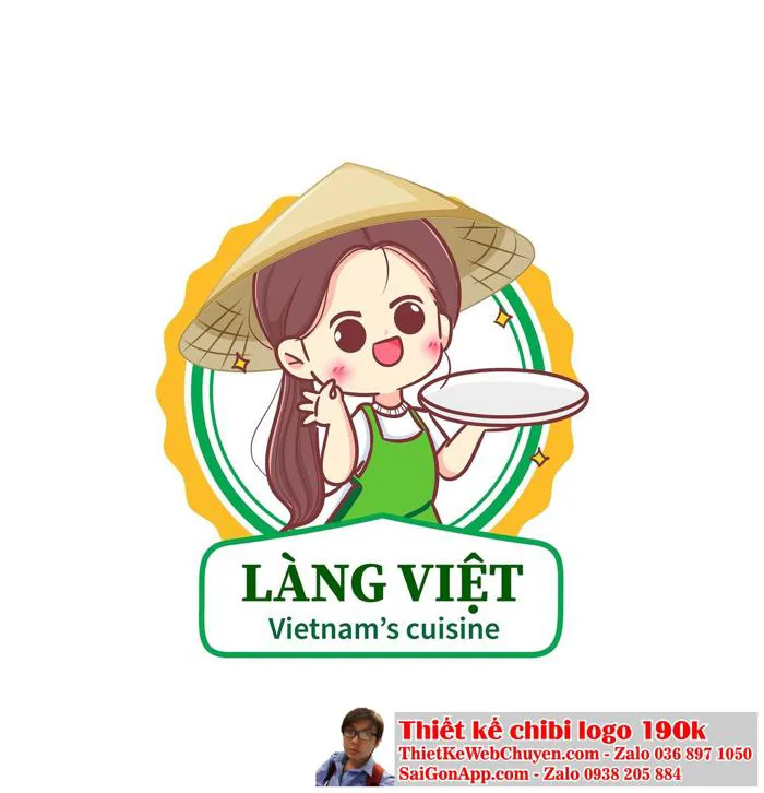 Vẽ chibi cô gái Việt Nam dễ thương đội nón lá đang cầm đĩa để thiết kế logo
